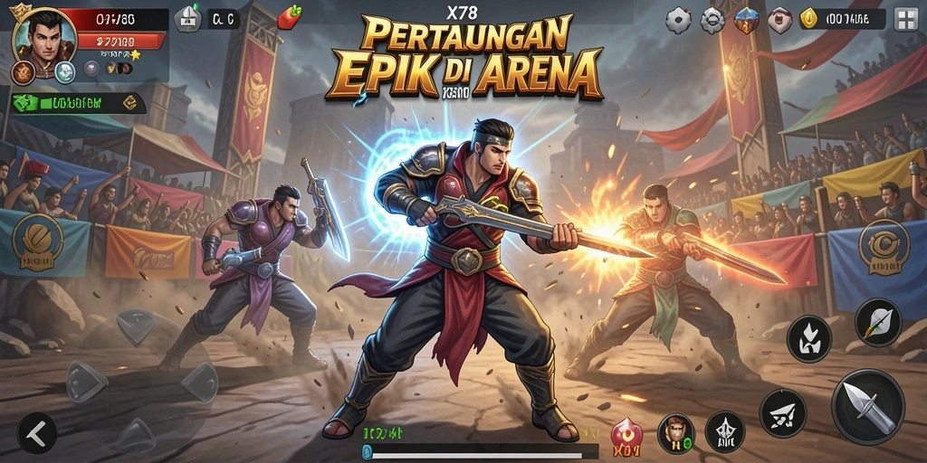Screenshot X78 menampilkan aksi pertarungan yang mendebarkan di arena.